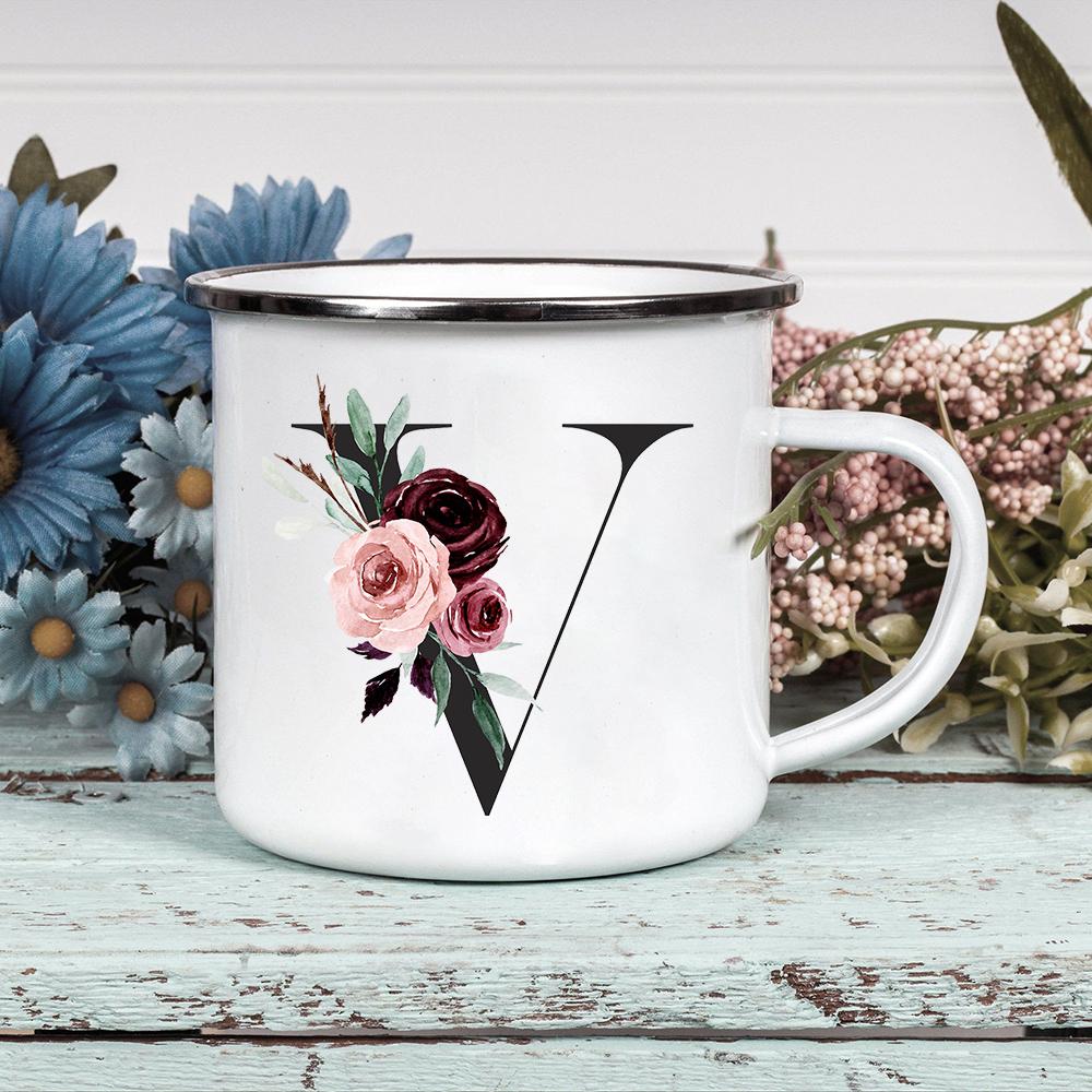 Alphabet Blumen A-Z Vintage Emaille Kaffee Tee Tassen Urlaub Camping Getränke Saft Bier Tassen Zuhause Büro Milch Tasse Geburtstagsgeschenke