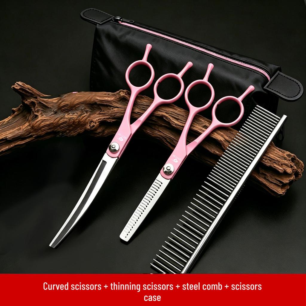Professional Dog Grooming Scissors Set: Curved and Serrated Trimming Tools for Pets