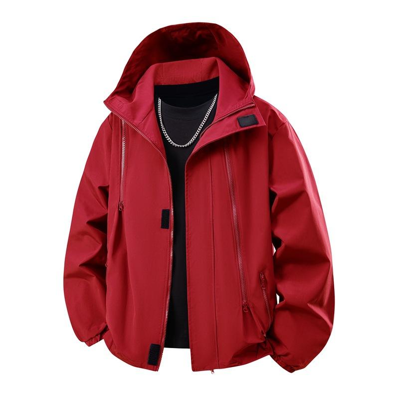 Red Zipper Waterproof Jacket Men's and Women's Spring and Autumn Jacket Hooded Jacket