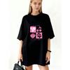 Oversized T Shirt Black Summer Vibes Cherry Flower Pattern And Text Graphic Print Casual Streetwear For Women