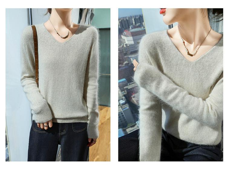 New Seamless Mink Velvet V-Neck Cashmere Sweater for Women - Loose Fit, Solid Color, Short Pullover Knitwear for Autumn and Winter