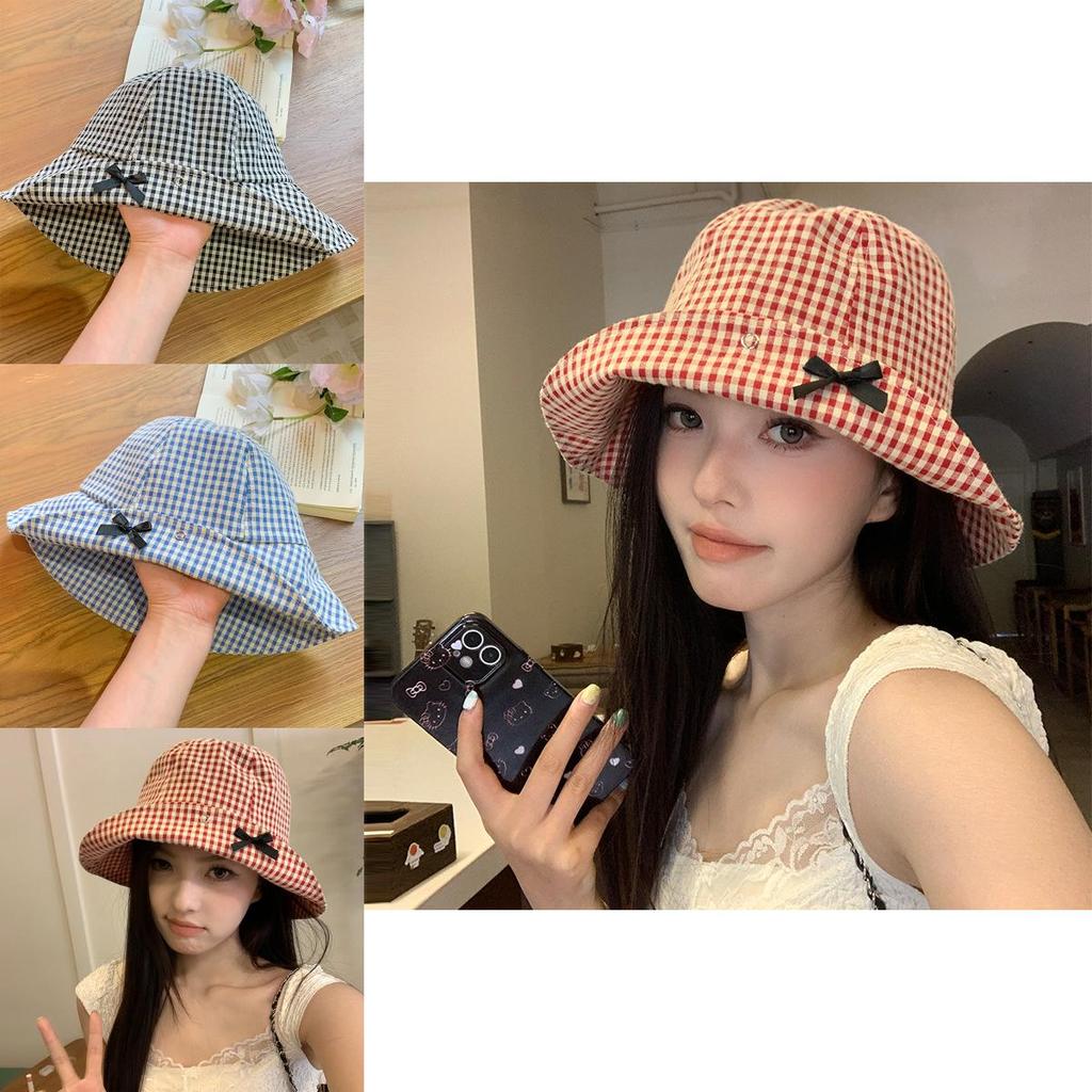 Stylish Korean Checkered Bowknot Fisherman Hat For Women Ideal For Summer Travel And Sun Protection