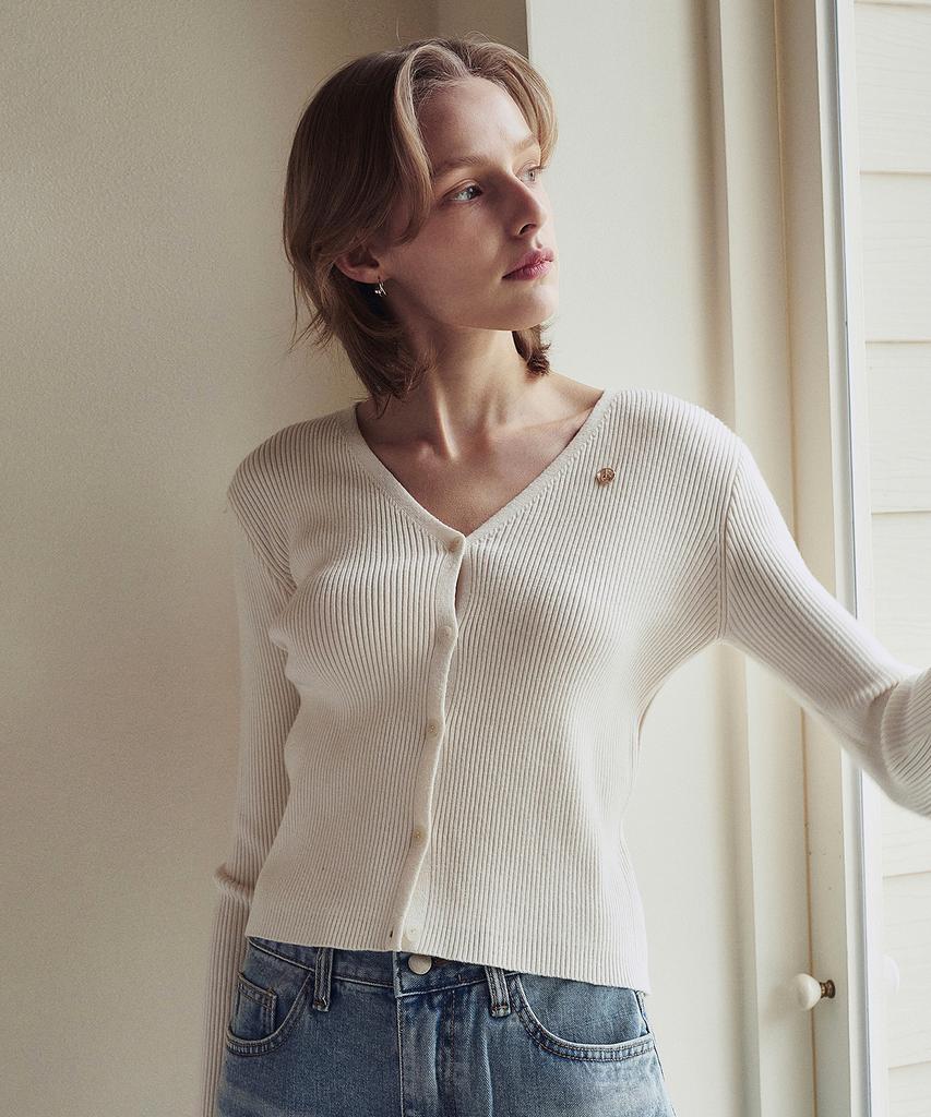 Loeil Ribbed V-Neck Knit Cardigan - Ivory