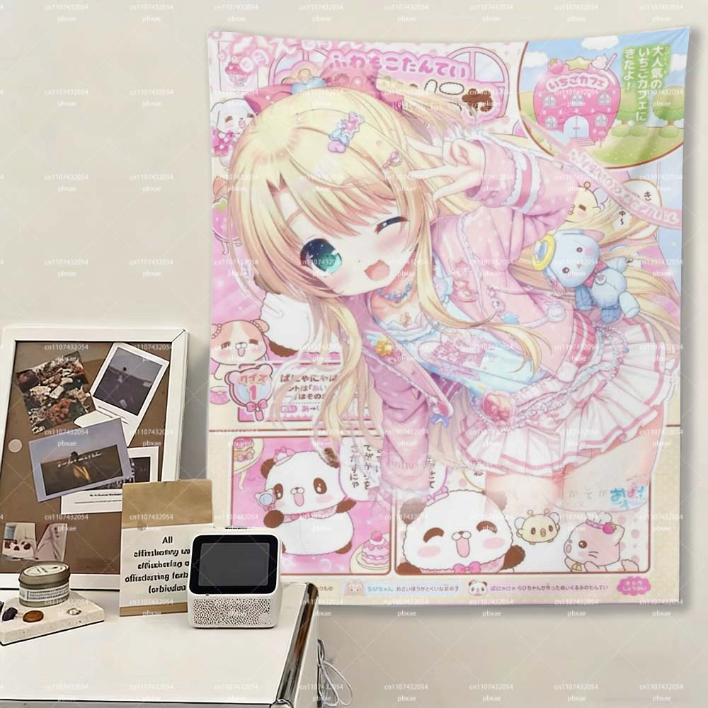 Jmg Household Supplies Unisex Pink 1Pc Kawaii Anime Girl Tapestry, Pastel Manga Page Wall Hanging, Cute Panda Bear Aesthetic Room Decor For Bedroom Dorm
