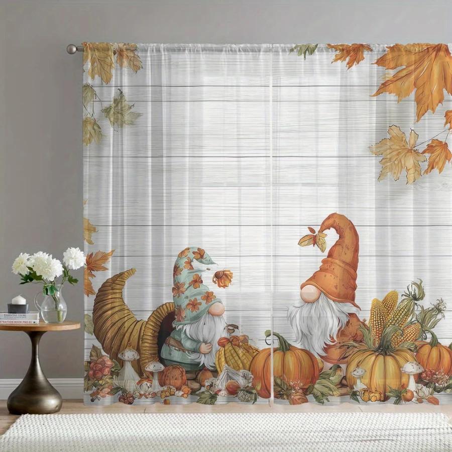 2PCS Digital Print Sheer Curtain, Harvest Gnome Dwarf, Autumn Fall Seasonal - Voile Drapes for Bedroom Living Room Decor