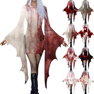 Kadın Moda Gotik Punk Yarasa Kollu Cadılar Bayramı Baskılı Düzensiz Parti Elbisesi