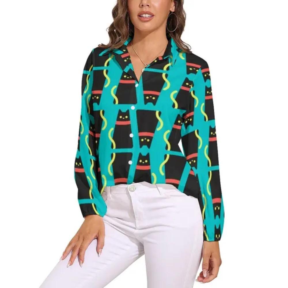 Black Cat Blouse For Women Cute Classic Cat Print Loose Blouses Long Sleeve Kawaii Shirts Spring Casual Clothing Big Size Blouse