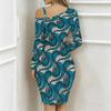 Women Plus Size Cold Shoulder Long Sleeve Black White Tie Dye Print Irregular Wrap Bodycon Midi Dress