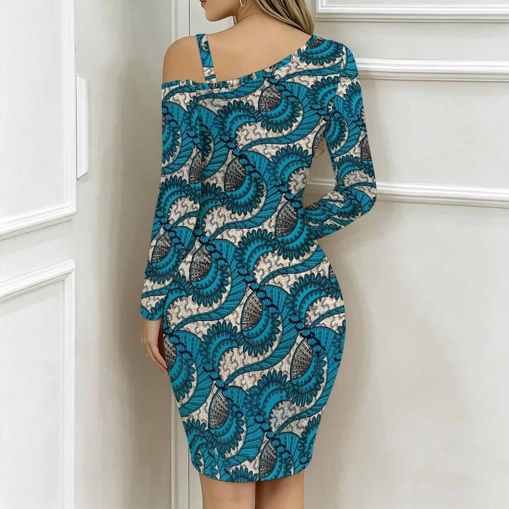 Women Plus Size Cold Shoulder Long Sleeve Black White Tie Dye Print Irregular Wrap Bodycon Midi Dress