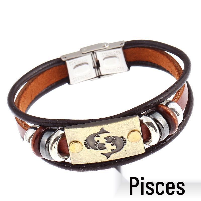 Twelve Constellations Cowhide Bracelet with Stainless Steel Buckle - Genuine Leather