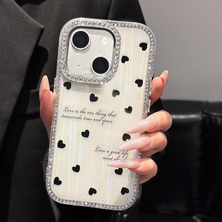 Double-sided Diamond Aurora Black Hearts Shockproof PC TPU Protective Phone Case For iPhone 16 Pro