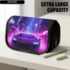 1pc Double Layer Flip Pencil Case, Neon Sports Car In Cyberpunk City, Large Capacity, Portable Polyester Pen Storage Bag with Zipper Closure, Ideal Fo