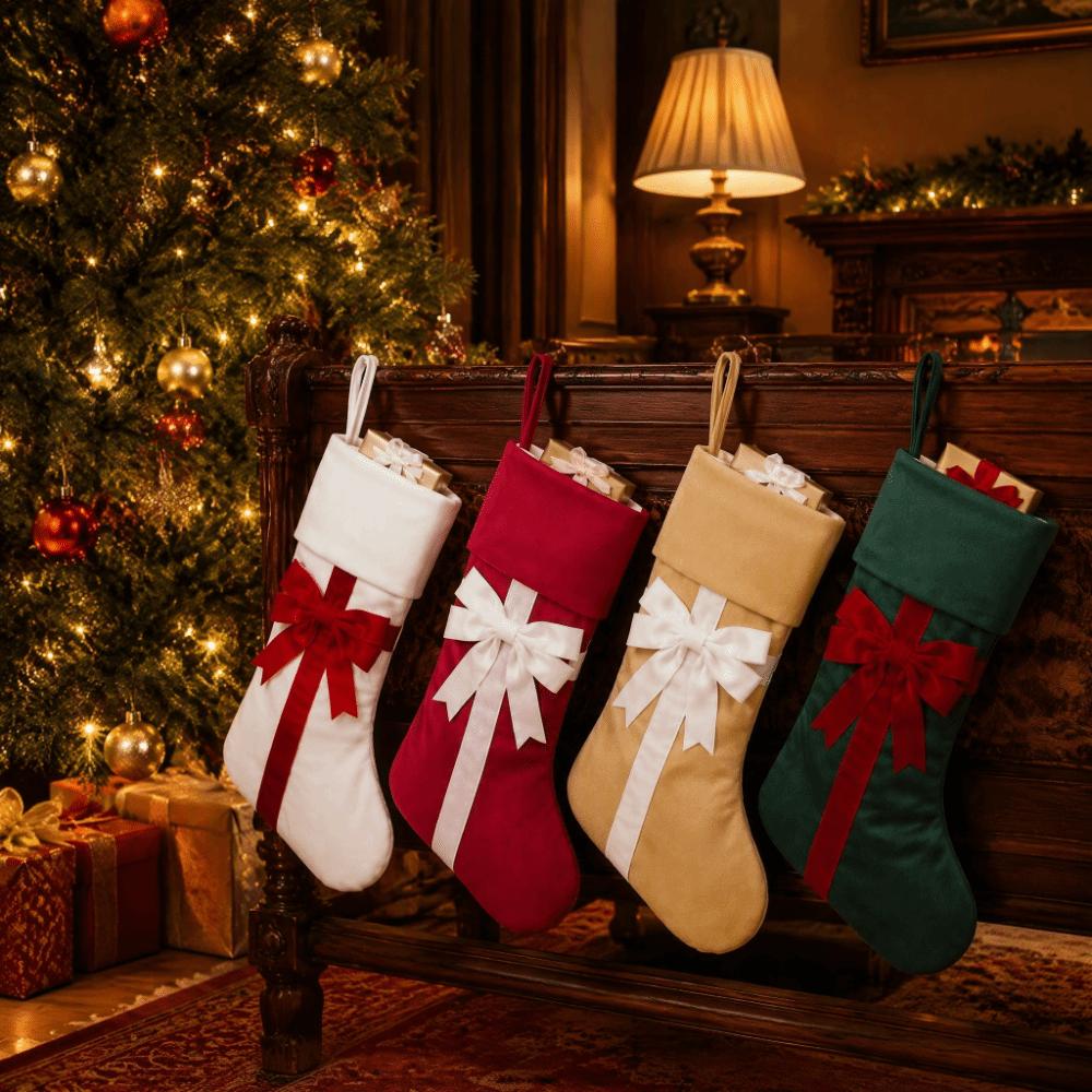 Retro Christmas Gift Bag Lagre Size Xmas Tree Hanging Socks Bow Christmas Stocking Mall
