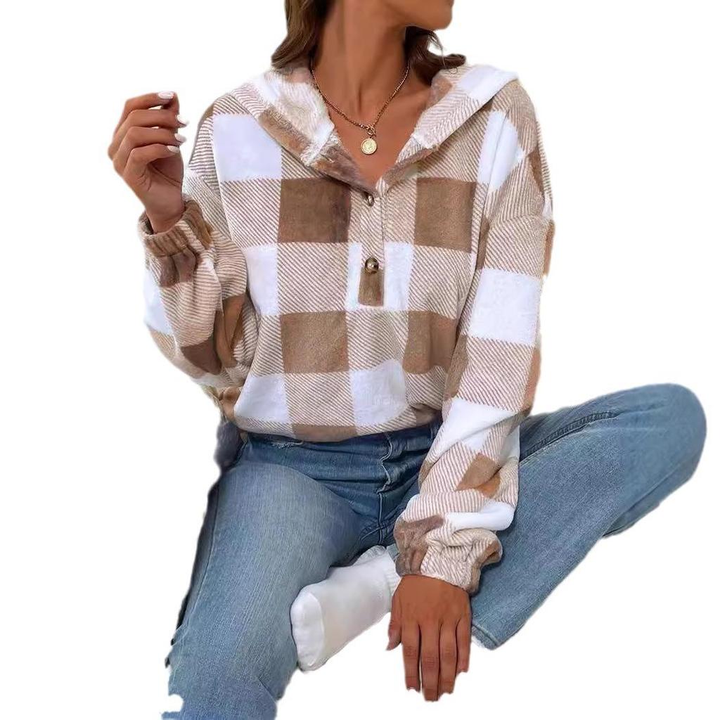 Plus Size Casual Sweatshirts Women's Plaid Print Long Sleeve Henley Hooded T-Shirt