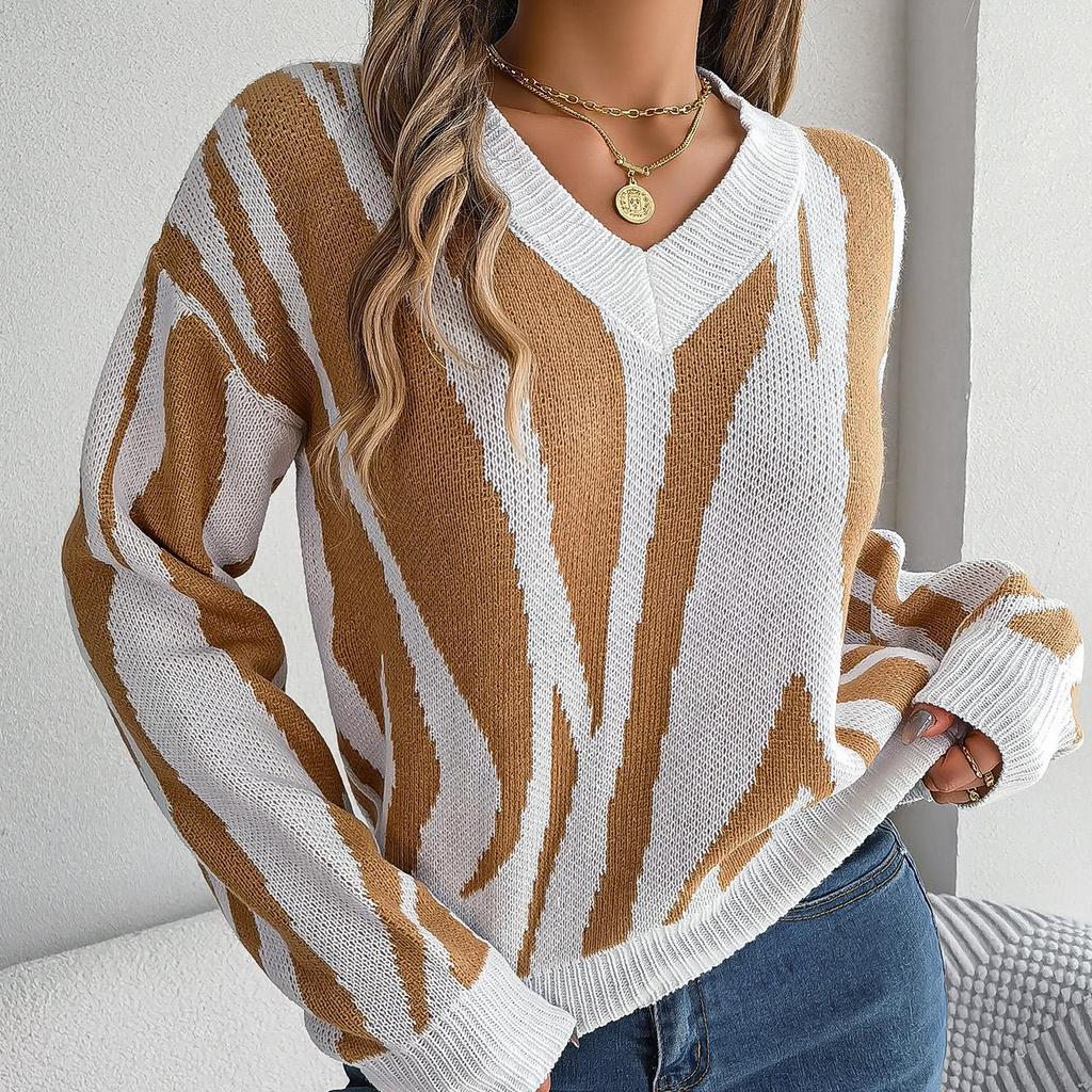Herbst Winter Vintage Locker Langarm Oberteil Druck Farbe Strickjacke Strickware V-Ausschnitt Pullover