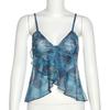Netz durchsichtig bedruckte Weste Damen Sexy Lässig V-Ausschnitt Ärmellos Träger Camisole Patchwork Tanktop Streetwear