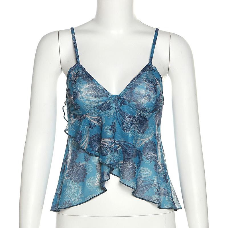 Netz durchsichtig bedruckte Weste Damen Sexy Lässig V-Ausschnitt Ärmellos Träger Camisole Patchwork Tanktop Streetwear