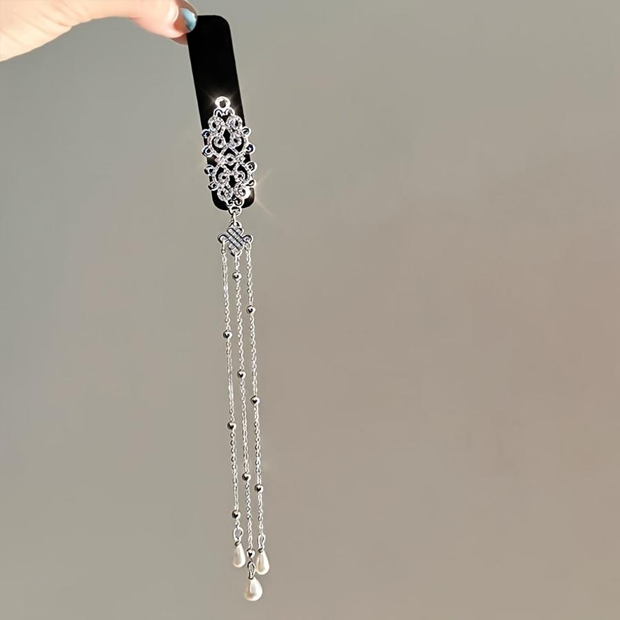 1PC Retro Ethnic Style Silver Diamond-encrusted Chinese Knot Imitation Pearl Tassel Hairpin Women's New High-end BB Clip Temperament Hair Accessories