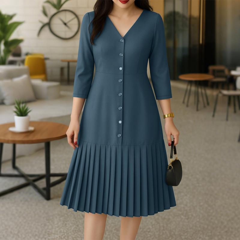 

ZANZEA Женское повседневное платье с V-образным вырезом, однотонное, свободного кроя, с рукавами 3/4 S темно-синий