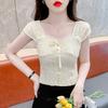 French Bow Square Collar Lace Shirt for Women Summer Short Sleeveless Top