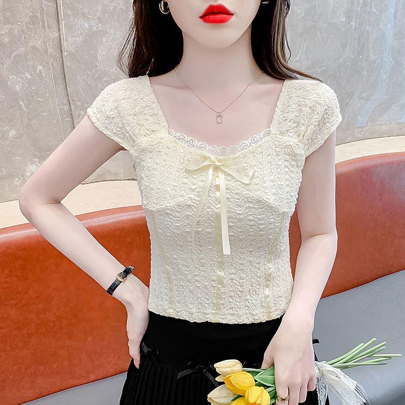 French Bow Square Collar Lace Shirt for Women Summer Short Sleeveless Top