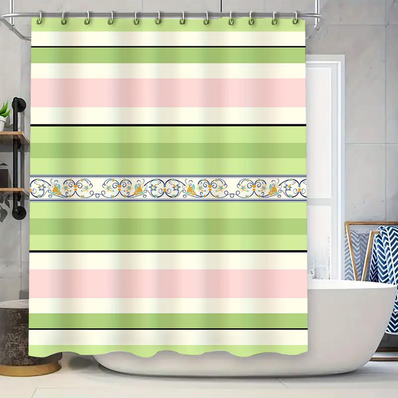 

Colorful Bath Shower Curtain With Green Stripes And Floral Design Waterproof Fabric For Bathroom Decorations W60H190(CM)-1 Pcs