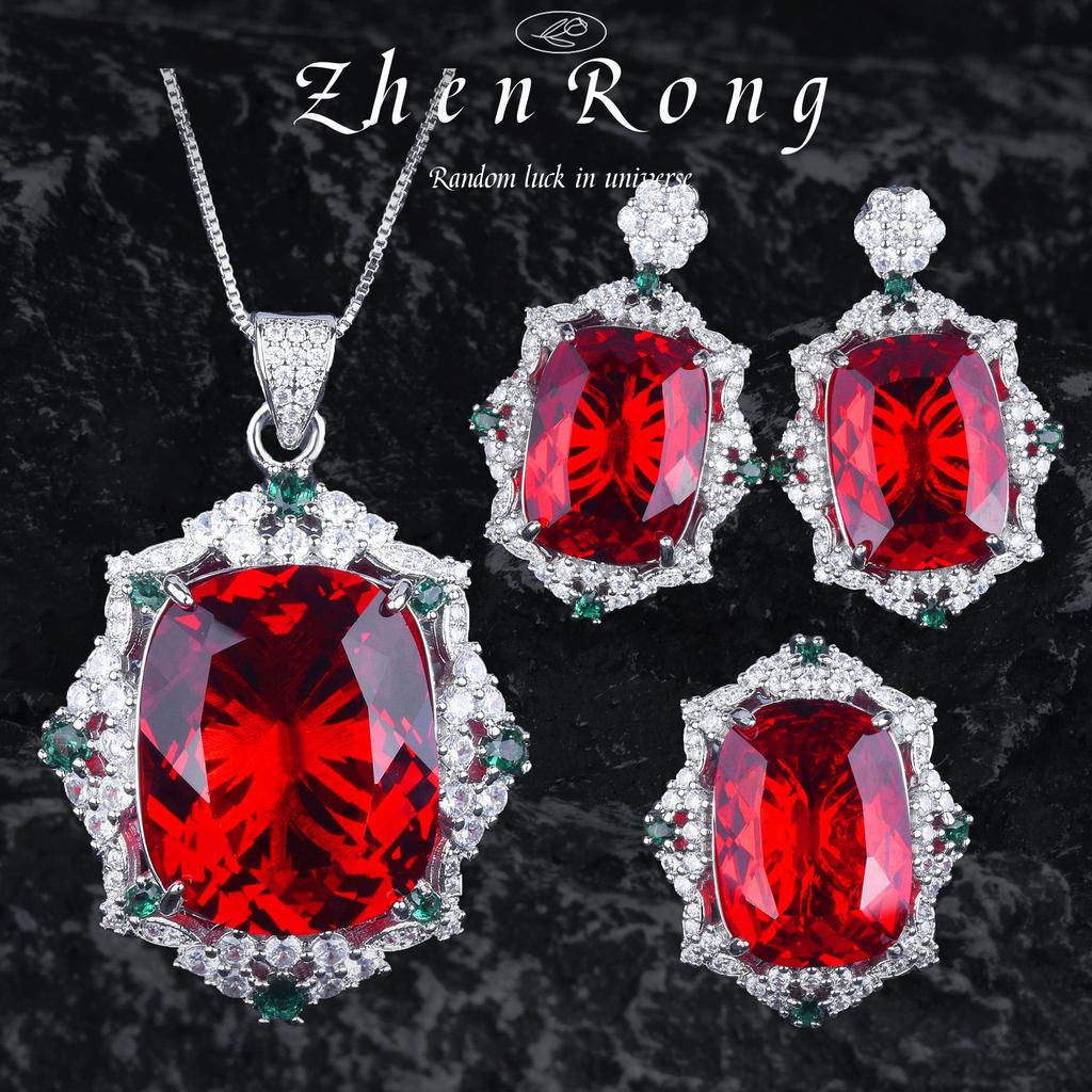 Temperament Fashion Emerald Pendant Necklace Inlaid Gemstone Stud Earrings Square Diamond Live Ring Color Treasure Set
