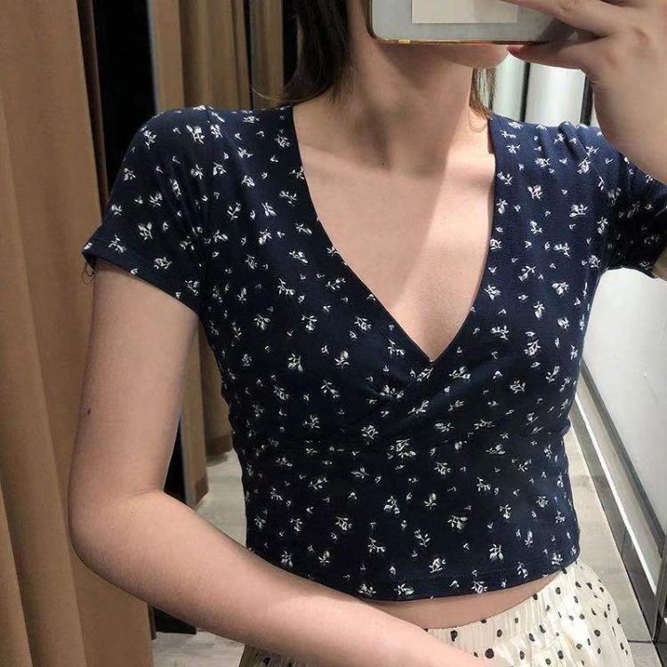 Y2k Style Summer Retro Floral V-neck Crop Top Slimming Wild High Waist Streetwear Tshirt Short Sleeve Women's T-shirt