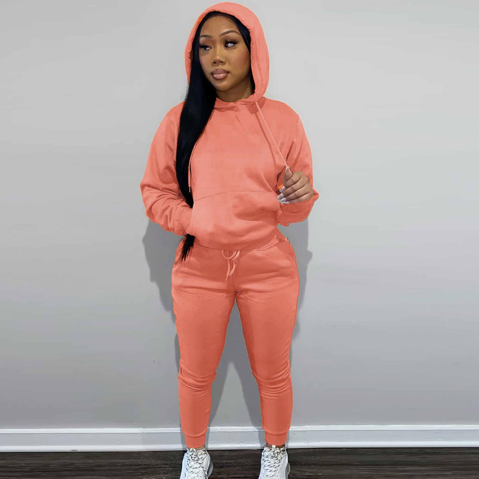 Женский и зимний утепленный худи с капюшоном, повседневный спортивный костюм-двойка S оранжевый
