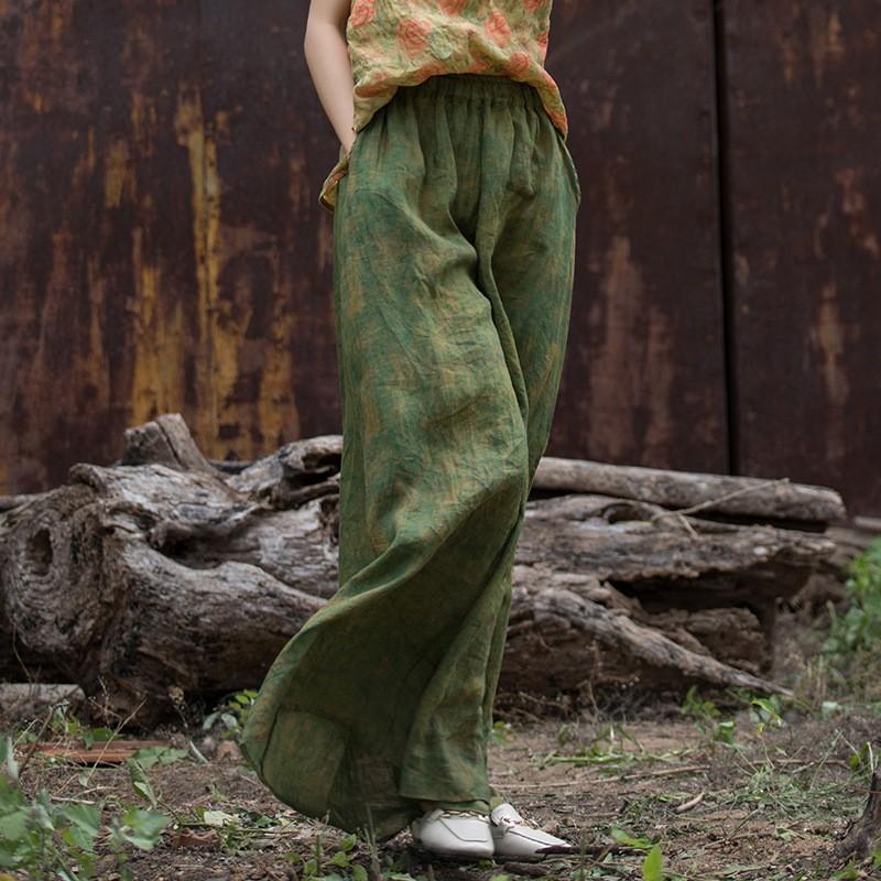 Womens Linen Blend Wide Leg Flowy Trousers Vintage Print High Waist Loose Fit Casual Pants