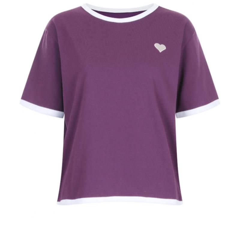 Shop   Women Color Block Round HearT Embroidery ShorT Sleeve T shirT Dai Wsh 205