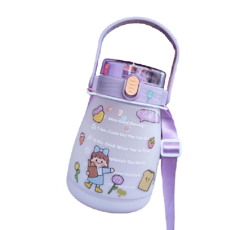 Plastic Portable 1100ml Water Bottle Cartoon Sealing Straw Lightweight Drinking