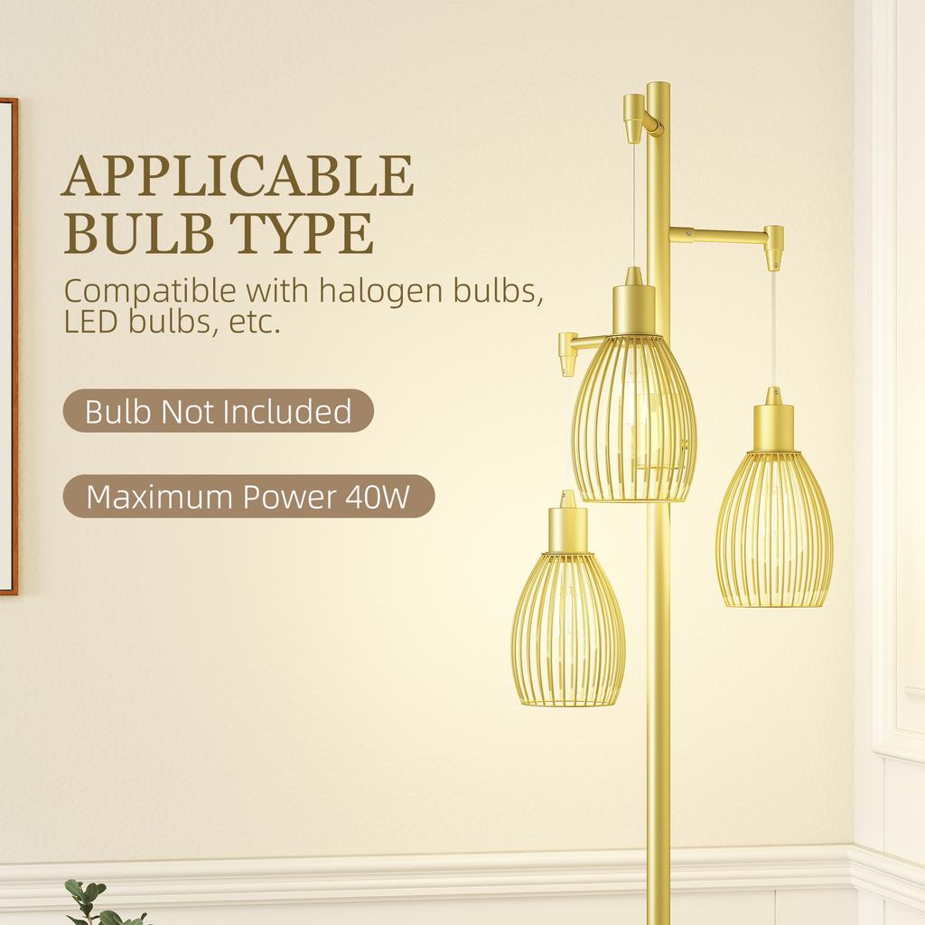 3-Light Floor Lamp, 170cm Industrial Dimmable Standing Lamp with Steel Wire Cage Lampshades for Living Room, Bedroom, Dining Room, Study