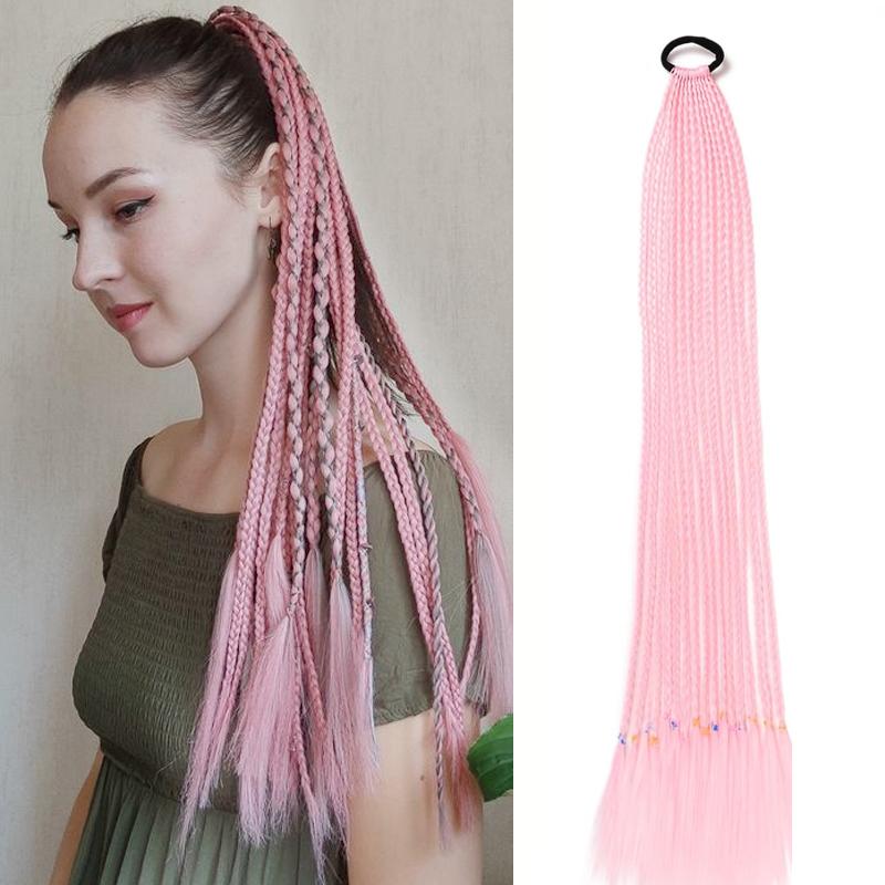 Braided Ponytail Hair Extensions 24 Inch Colorful Box Braids with Rubber Bands Synthetic Hairpieces for Girl  Women Accessories Crazy Hair Day