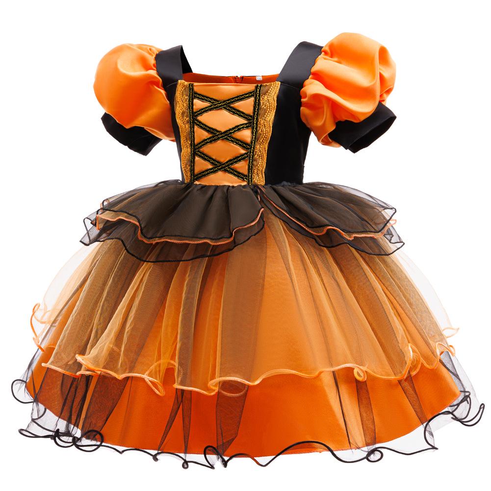 2025 Kids' Halloween Cosplay: Orange Little Witch Pumpkin Dress Costume