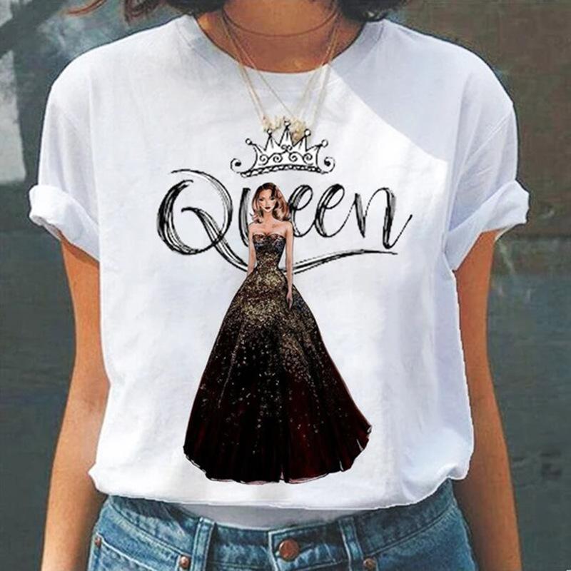 Camiseta de Verano de Cuello Redondo con Estampado 3D de Patrón de Reina, Camisetas de Mujer Casuales de Moda de Manga Corta