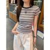 American retro chic striped T-shirt women's summer contrasting colors spring and autumn inner fit slim bottom top front shoulder short sleeves