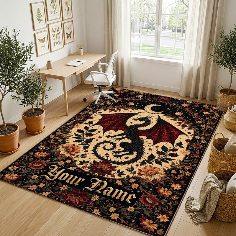 Dragon Phoenix Theme Crystal Velvet Rug Personalized Custom Name Text Soft Floor Mat Home Decor