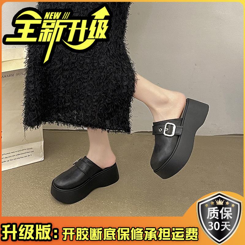 French belt buckle non-slip bag head half slippers women's 2025 new summer heightened thick bottom outer wear one pedal sandals tide