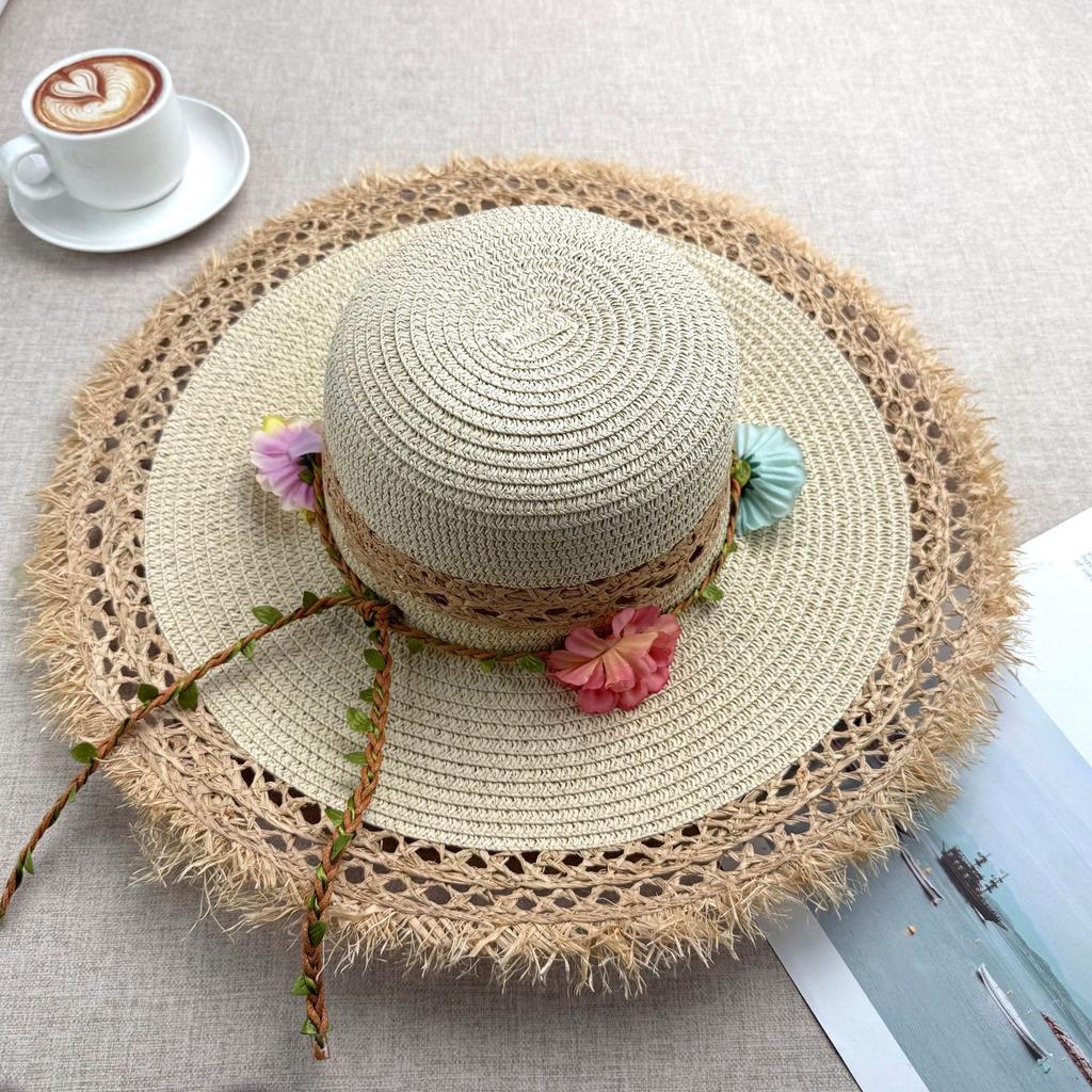 Summer big brim sun hat women's fashion ins seaside sun protection straw hat pastoral pearl face small sun hat