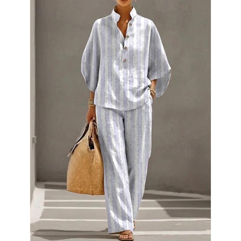 European and American Vintage Heavy Industry Floral Print Two-piece Set: Stand-collar Polo Shirt + Wide-leg Pants Loose Casual Vacation Set