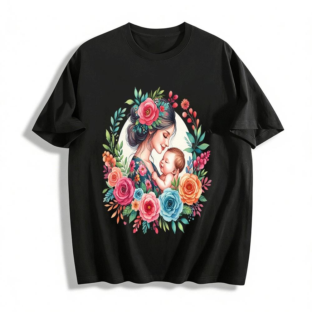 Floral Print Top With Warm Mother Holding Baby Design Pure cotton T-shirt XXS