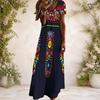 Women Plus Size V Neck Short Sleeve Printed Navy Blue Straight Long Maxi Dress