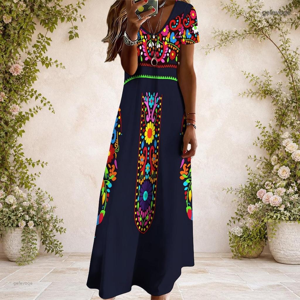 Women Plus Size V Neck Short Sleeve Printed Navy Blue Straight Long Maxi Dress