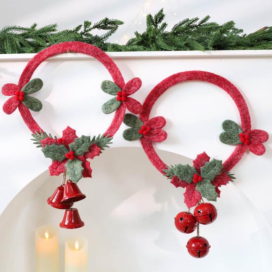 Christmas Window Decoration Non-woven Fabric Bell Wreath, Holly Berry Wreath with Mini Xmas Tree Bells, Hanging for Front Door Wall