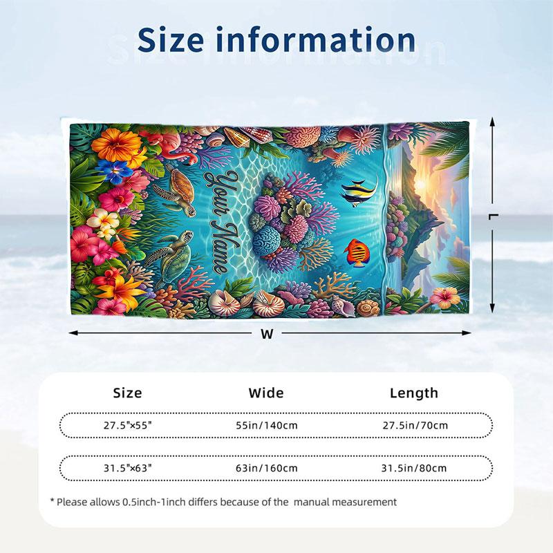 Underwater Friends Adventure Theme Quick Dry Beach Towel Custom Name Text Print Large Sand Resistant Towel Beach Vacation
