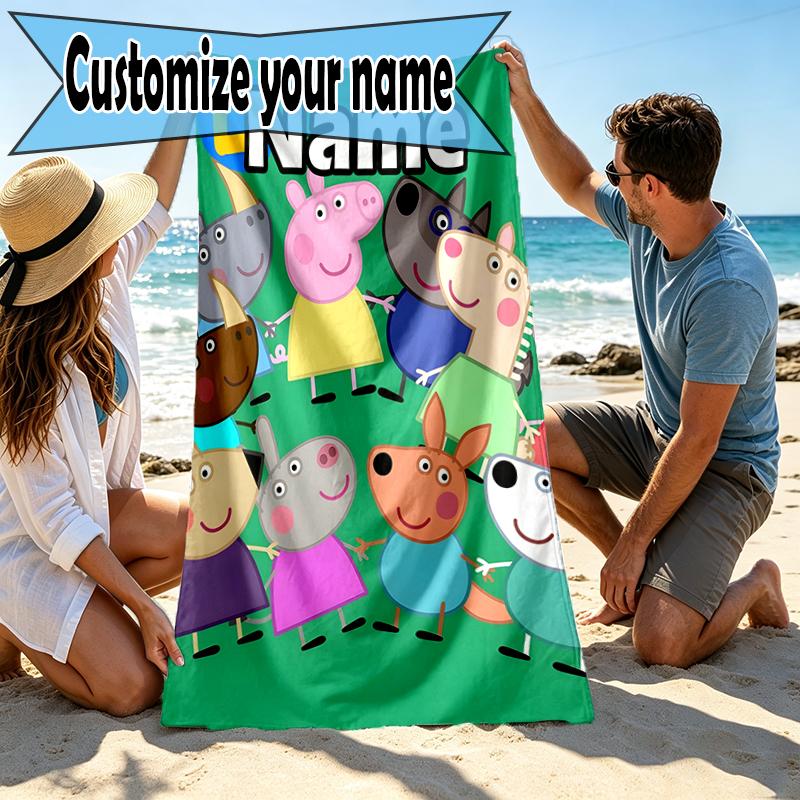 Custom Name Personalized Pink Pig Print Beach Towel, for Trip Camping Beach Party Home Decor, Birthday Gift for Family & Friends