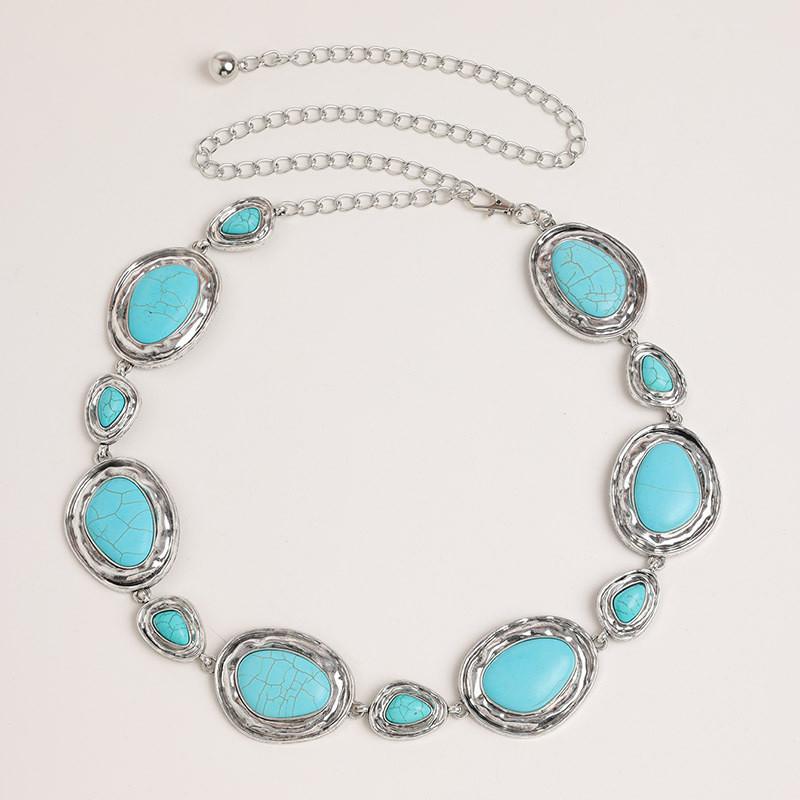 Bohemian Style Artificial Turquoise Metal Waist Chain With Vintage Finish For Women