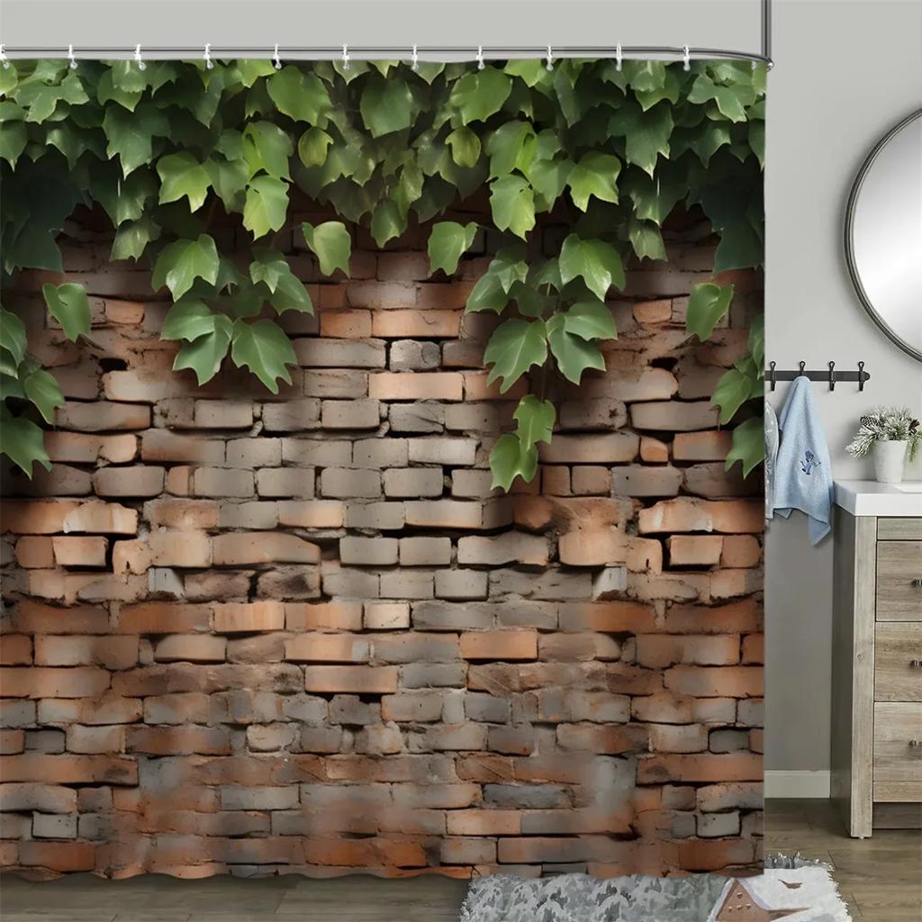 Chinese Style Shower Curtain Vintage Wood Board Garden Building Green Plant Bamboo Pattern Bathroom Decor Curtain Set