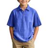 Boys Short Sleeve Shirt Cotton Linen Blend Lightweight Breathable Summer Casual Top with Button Placket and Classic Collar for Kids